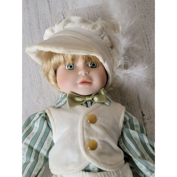 Marian Yu porcelain doll boy white feather hat stripe bow collectible - Picture 5 of 13
